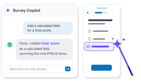 The Survey Copilot conversation beside a survey step, where a wand marks the calculated field it just added